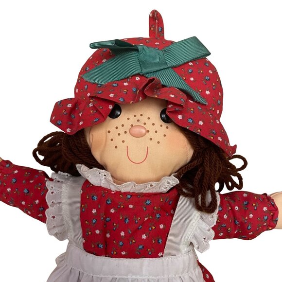 Vintage Rag Doll With Red Floral Dress & Bonnet 17" - Picture 2 of 5